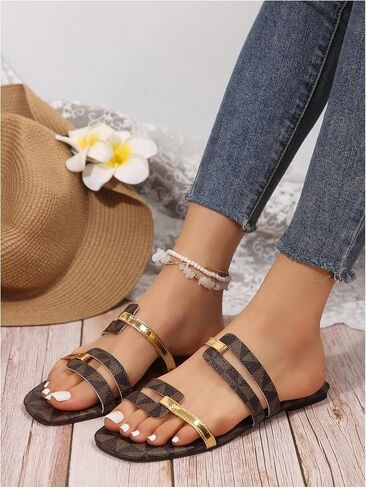 GORGLITTER Women's Metallic Strappy Cut Out Flat Sandals Dressy Leather Square Open Toe Summer Slides in Saudi Arabia