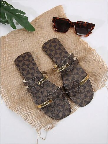 GORGLITTER Women's Metallic Strappy Cut Out Flat Sandals Dressy Leather Square Open Toe Summer Slides in Saudi Arabia