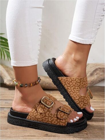 Women's Leopard Print Platform Sandals Metal Buckle Open Toe Summer Outdoor Shoes in Saudi Arabia