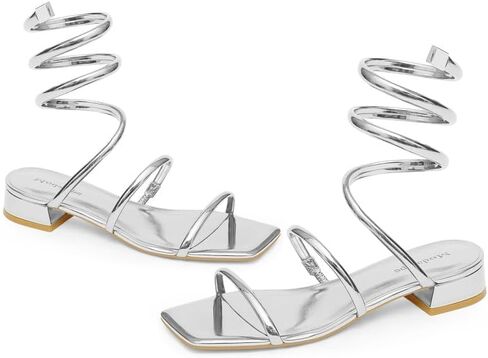 Modatope Two Strap Square Open Toe Strappy Sandals Low Block Heels Spiral Ankle Warp Strap Gladiator Sandals in Saudi Arabia