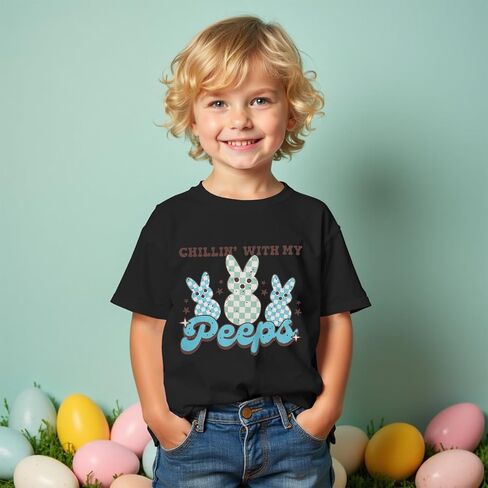 Toddler Boys Easter Shirt Funny Bunny Graphic T-Shirt Kids Rabbit Chillin with My Peeps Short Sleeve Tee Tops in Saudi Arabia