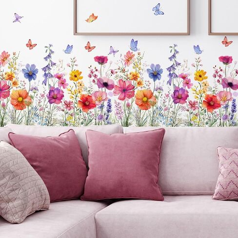 2 Pieces Flowers Wall Decals Vinyl Stickers Removable Floral Art Murals Peel and Stick Colorful Flower Decor for Girls Bedroom Living Room Nursery (Bright) in Saudi Arabia