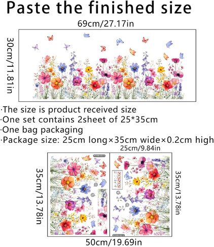 2 Pieces Flowers Wall Decals Vinyl Stickers Removable Floral Art Murals Peel and Stick Colorful Flower Decor for Girls Bedroom Living Room Nursery (Bright) in Saudi Arabia