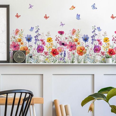 2 Pieces Flowers Wall Decals Vinyl Stickers Removable Floral Art Murals Peel and Stick Colorful Flower Decor for Girls Bedroom Living Room Nursery (Bright) in Saudi Arabia