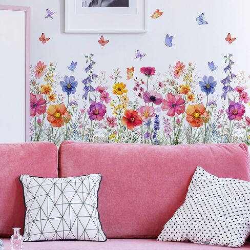 2 Pieces Flowers Wall Decals Vinyl Stickers Removable Floral Art Murals Peel and Stick Colorful Flower Decor for Girls Bedroom Living Room Nursery (Bright) in Saudi Arabia