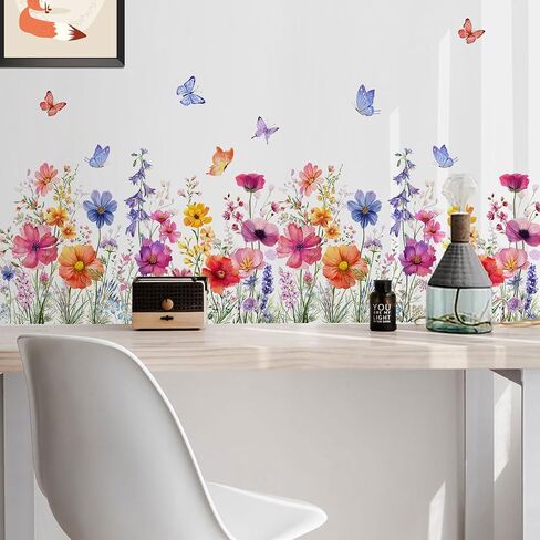 2 Pieces Flowers Wall Decals Vinyl Stickers Removable Floral Art Murals Peel and Stick Colorful Flower Decor for Girls Bedroom Living Room Nursery (Bright) in Saudi Arabia