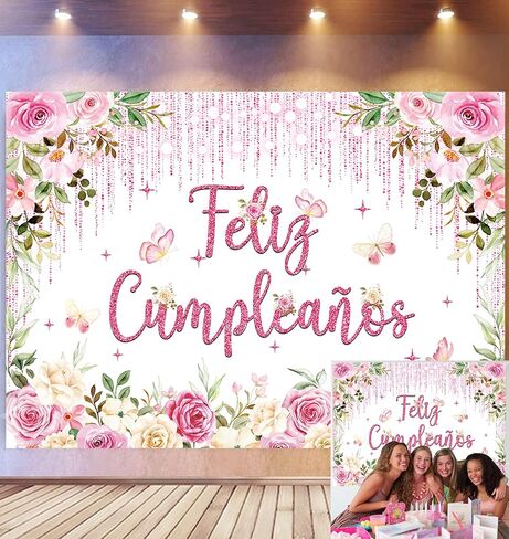 فيليز Cumpleaños خلفية عيد ميلاد الزهور الوردي لتلألئ التصوير الفوتوغرافي روز الفراشة لحفلة لافتة للنساء مستلزمات بوث استحمام الطفل (7 × 5 قدم) in Kuwait