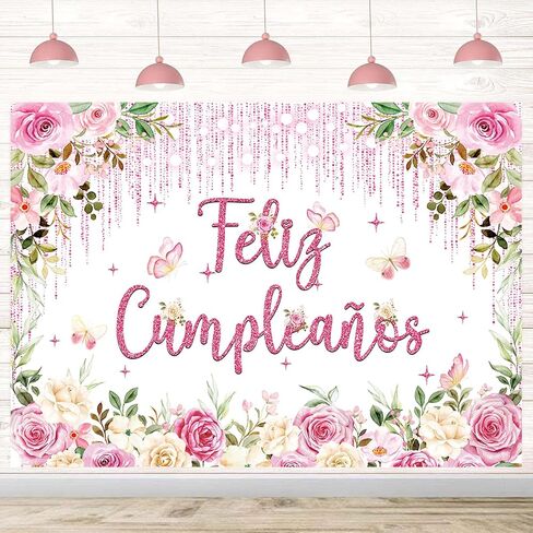 فيليز Cumpleaños خلفية عيد ميلاد الزهور الوردي لتلألئ التصوير الفوتوغرافي روز الفراشة لحفلة لافتة للنساء مستلزمات بوث استحمام الطفل (7 × 5 قدم) in Kuwait