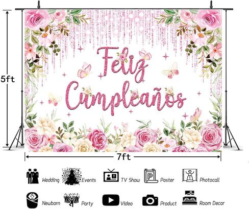 فيليز Cumpleaños خلفية عيد ميلاد الزهور الوردي لتلألئ التصوير الفوتوغرافي روز الفراشة لحفلة لافتة للنساء مستلزمات بوث استحمام الطفل (7 × 5 قدم) in Kuwait