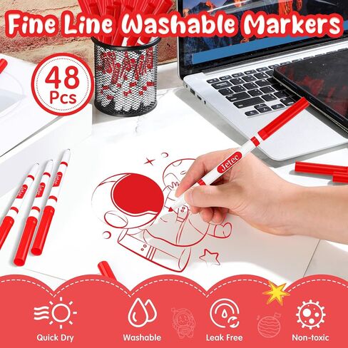 Janlaugh 48 Pcs Line Washable Markers Bulk Black Fine Tip Markers Set Coloring Markers for Kids Thin Washable Markers Black Tips Markers for Art School Supplies, Back to School Supplies, Ages 6+ in Saudi Arabia
