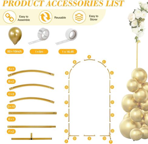 Metal Arch Backdrop Stand 7.2 x 4FT Gold Wedding Arch Backdrop Stand with 50 Gold Balloons for Indoor and Outdoor Wedding, Banquet, Birthday Party, Graduation, Anniversary Backdrop Decoration in Saudi Arabia