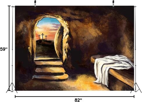 BELECO 7x5ft Fabric Easter Jesus Christ Cross Backdrop Empty Tomb Crucifixion Backdrop Watercolor Stone Cave Tomb Resurrection Background Christian Church Event Decor Easter Photo Studio Props in Kuwait