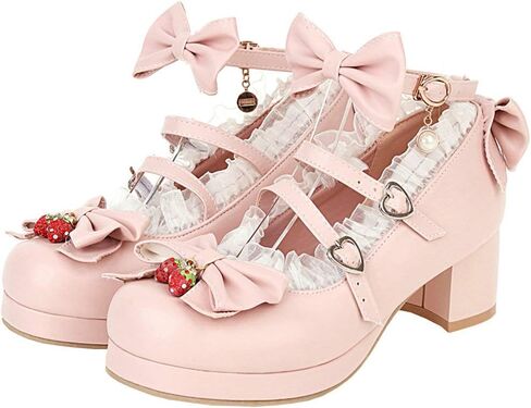 Parisuit Womens Mary Jane Chunky Heel Platform Pumps Bowtie Heart Strap Lace Kawaii Maid Shoes in Kuwait
