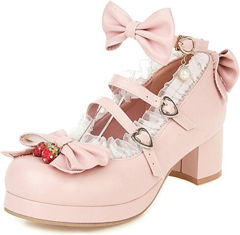 Parisuit Womens Mary Jane Chunky Heel Platform Pumps Bowtie Heart Strap Lace Kawaii Maid Shoes in Kuwait