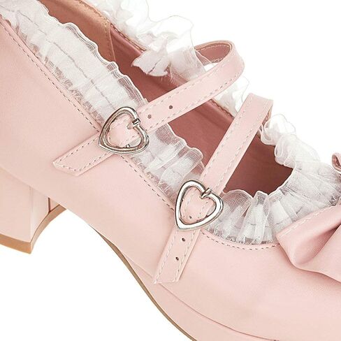 Parisuit Womens Mary Jane Chunky Heel Platform Pumps Bowtie Heart Strap Lace Kawaii Maid Shoes in Kuwait