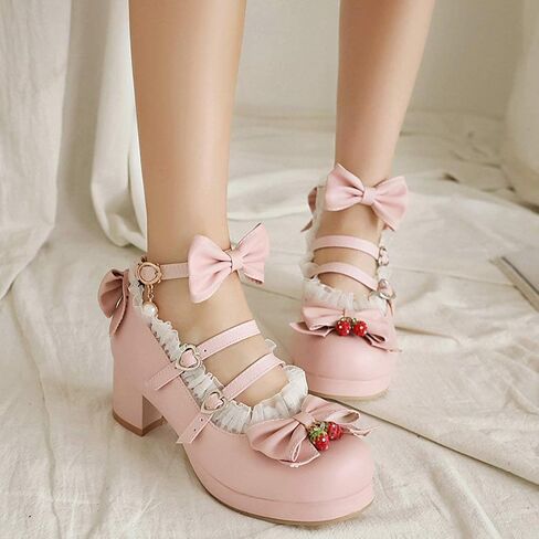 Parisuit Womens Mary Jane Chunky Heel Platform Pumps Bowtie Heart Strap Lace Kawaii Maid Shoes in Kuwait