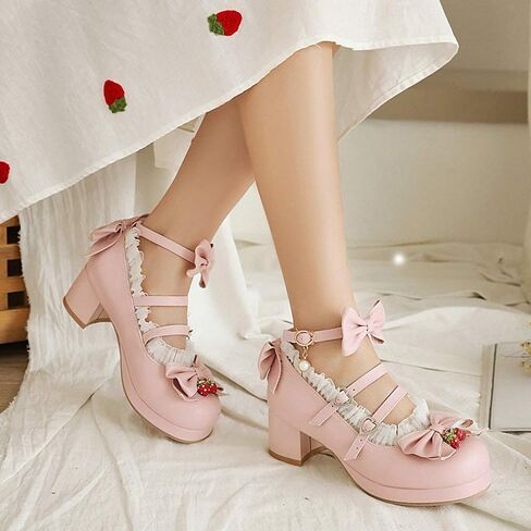 Parisuit Womens Mary Jane Chunky Heel Platform Pumps Bowtie Heart Strap Lace Kawaii Maid Shoes in Kuwait