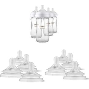 Philips AVENT Glass Natural Baby Bottles, Clear, 8oz, 4pk with Natural Response Nipples - Flow 3 (1M+), Flow 4 (3M+), 4pk each