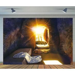 7x5ft He is Risen Backdrop Empty Jesus Tomb with Shroud Photography Background Crucifixion Sunrise Resurrection of Jesus Easter Backdrop Holy Cross Easter Day Church Event Decorations
