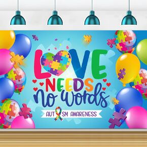 Autism Awareness Decorations Backdrop Banner 5X3Ft Colorful Puzzle Pieces Love Needs no Words Banner Background Photo Booth Props for Awareness Themed Party Decor Supplies