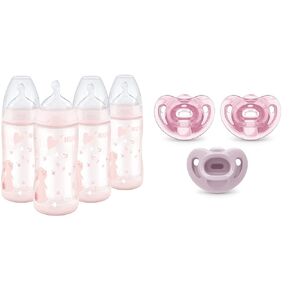 NUK Smooth Flow Anti Colic Baby Bottle, 10 oz, 4 Pack, Pink Bunnies,4 Count (Pack of 1) & Comfy Orthodontic Pacifiers, 0-6 Months, 3 Count (Pack of 1)