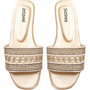 GORGLITTER Women's Braided Boho Flat Sandals Slip On Square Open Toe Vacation Slide Sandals
