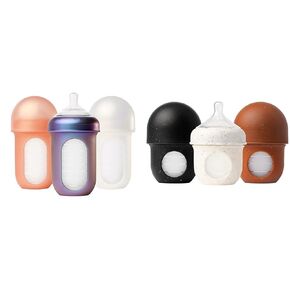 Boon Nursh Reusable Silicone Baby Bottles with Collapsible Pouch - Stage 1 Slow Flow - Gray & Blue - 4 Oz - 3 Count Each
