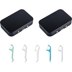 2Pack Travel Floss Picks Case with Mirror,Dental Floss Dispenser,Refillable Portable Floss Pick Holder Container for Daily and Travel(Black)