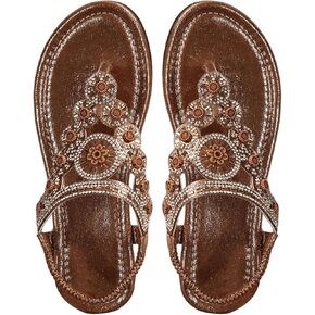GORGLITTER Women's Floral Rhinestone Thong Flat Sandals Boho T Strap Cut Out Dressy Flip Flops