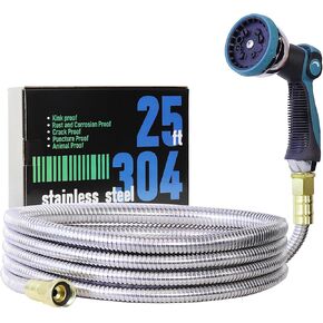 50FT 5/8'' Garden Hose, 304 Stainless Steel Water Hose, Flexible with a 10-Mode Nozzle Sprayer, No Kink, Lightweight, Puncture Proof Metal Hose, Ideal for Yard, Lawn, Outdoor