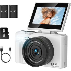 4K Digital Camera for Photography, Autofocus Anti-Shake 64MP Vlogging Camera for YouTube, 3'' 180° Flip Screen 18X Zoom Compact Camera with 64GB SD Card and 2 Batteries for Beginner Teenager, White