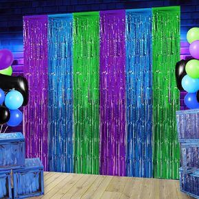 2 Pack Video Game Foil Fringe Curtains Backdrop Birthday Party Decorations, 3.28 x 6.56 Ft Purple Blue Green Foil Tinsel Streamer Photo Booth Props for Boys Gaming Birthday Party Decor Supplies Favors