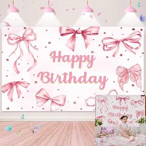 Pink Bow Happy Birthday Backdrop Coquette Birthday Party Photography Background for Girls Women Cute Bachelorette Party Baby Shower Decoration Banner (82x59 inch (7x5FT))