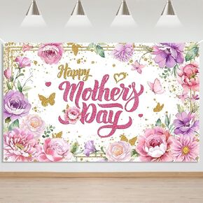 Mocsicka Happy Mother's Day Backdrop Banner Thanks Mother Party Backdrop Pink Floral Mom's Day Party Decorations Banner Backdrop Mother's Day Party Background