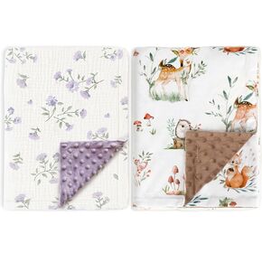 Boprio Baby Ninkets 2 عبوات ، 1 × مينكي منقط و 1 × شاش من القطن المنقط بطانية صغيرة ، فوكس وتصميم الأزهار