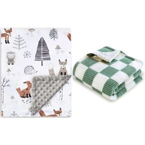 HOMRITAR 2 Pack Minky Blanket with Double Layer Dotted Backing + Corduroy Toddler Blanket with Double Layer 3D Square Grid Backing Sage Green 30 x 40 Inch