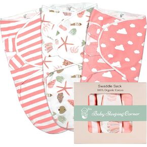 Baby Swaddle Blanket Set for Newborns - 100% Organic Cotton Soft and Breathable Swaddle Sack with Easy-to-Use Adjustable Wrap Design, Suitable for Baby Boys and Girls, Size Small (0-3 Months) (Pink)
