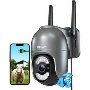 Xega 4G Cellular Security Camera Outdoor with SIM Card, Plug in Continous Recording 2K Indoor PTZ Camera, Auto-Tracking Human Detection Spotlight Siren TF Cloud Storage,Only Support The Built-in SIM