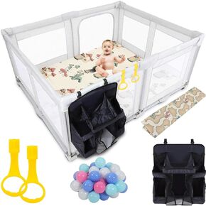 Foldable Baby Playpen, Playpen for Babies & Toddlers, 47x47 Inch No Assembly Required Baby Playpen with Crawling Mats and 50 Ocean Balls, Anti-Fall Safety PlayPen Play Yard with Soft Breathable Mesh