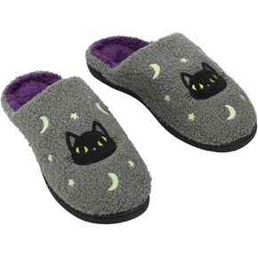 Bioworld Halloween Black Cat Glow Moon & Stars Adult Gray Scuff Slippers