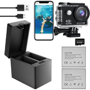 4K Action Camera with Rechargeable Batteries 1350mAh (2 Pack) and 2-Channel USB Charger Set