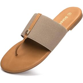 Women's Elastic T-Strap Sandals - Comfortable Slip-On Summer Flats, Stretchy Slide Sandals for Walking, Beach, and Casual Wear