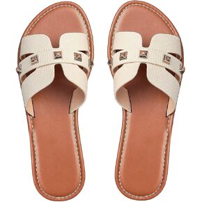 GORGLITTER Women's Embossed Metal Studded Dressy Flats Open Toe Cut Out Vacation Slide Sandals