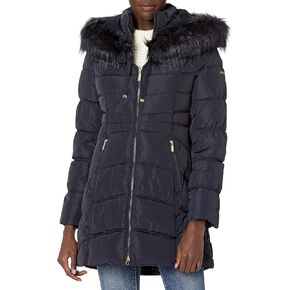 Laundry by Shelli Segal Women's 3/4 Hooded Puffer Jacket with Faux Fur Trim