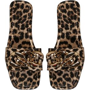 Verdusa Women's Leopard Print Metal Ring Flat Sandals Y2k Square Open Toe Dressy Slippers