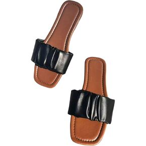 OYOANGLE Women's PU Leather Square Toe Sandals Ruched Single Band Slip on Casual Flat Sandals