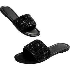 GORGLITTER Women's Sparkly Flat Sandals Strappy Slip on Open Toe Slide Sandals Lightweight Slippers