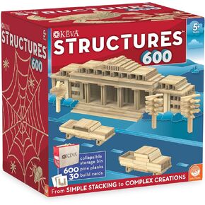 MindWare KEVA Structures 600 Plank Wooden Building Blocks Set, Includes 600 Pine KEVA Planks, 30 Idea Cards and Collapsible Storage Bin