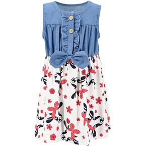 Unique Baby Girls Sleeveless Denim Dress with Knot Tie and Fun Print for Toddler and Big Kids