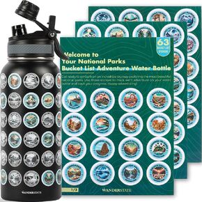 National Parks Water Bottle: Your Ultimate Hydration & Bucket List Kit! (Features 2 Lids, Adventure-Ready Straw, Leakproof Stainless Steel, 63 Premium Waterproof Stickers!) 32oz (Black)